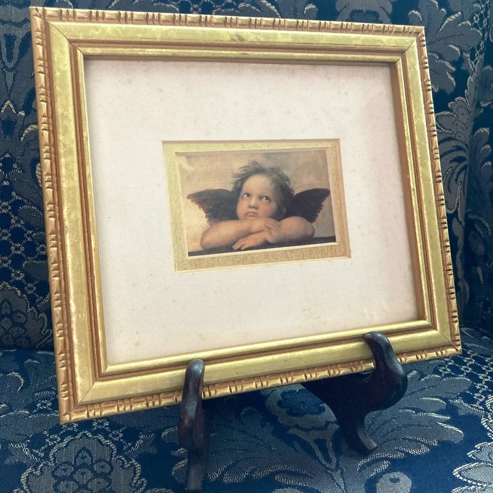 👼Vintage Cherub Sistine Madonna by Raphael Print in Gold Frame